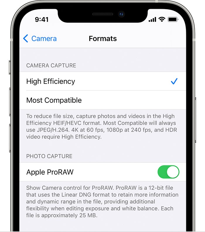 ios14 iphone12 pro settings camera formats apple proraw on